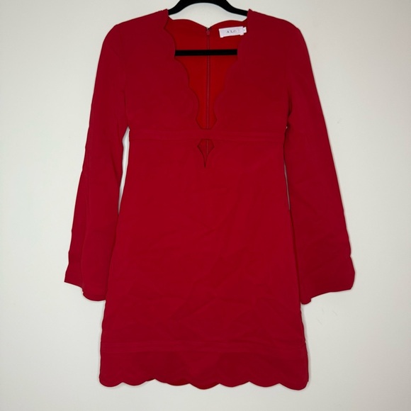 A.L.C. Eve Scalloped Edge Valentine’s Day Romantic Red Bell Sleeve Mini Dress - Picture 3 of 12